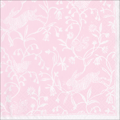 Pink cocktail napkin with white botanical and floral line art pattern throughout