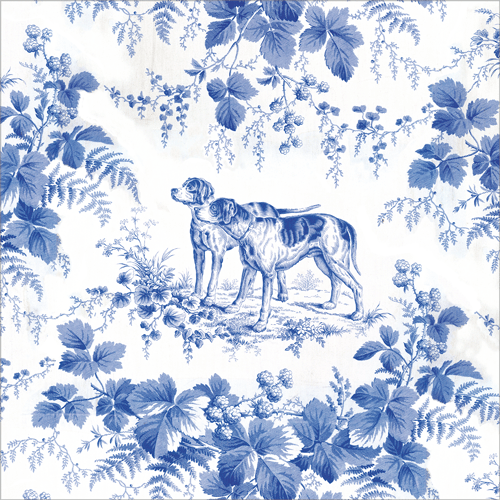 Blue and white toile-patterned cocktail napkins with hunting dog and botanical motif