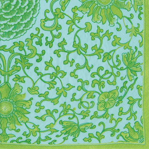 Stack of Caspari triple-ply cocktail napkins in jade green and turquoise with intricate botanical pattern
