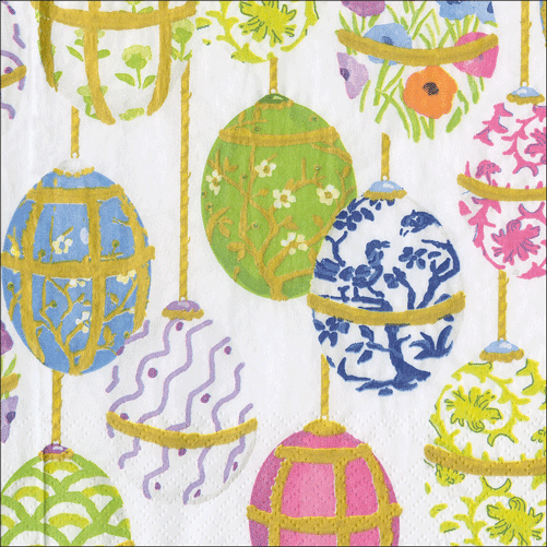 Caspari cocktail napkins featuring ornamental Easter eggs in multicolor with geometric and floral patterns on white background