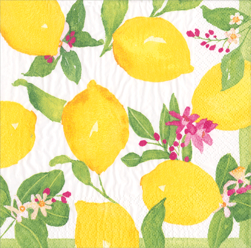 Bright yellow lemons with green foliage and pink florals on white cocktail napkins