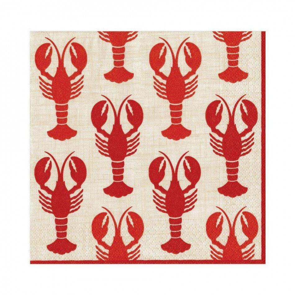 Red lobster silhouettes in repeating pattern on cream triple-ply cocktail napkins with red border