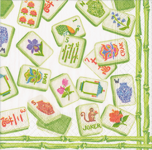 Mahjong-tile cocktail napkins with colorful Asian designs in red, green, blue, and cream on pale ground with green border trim.