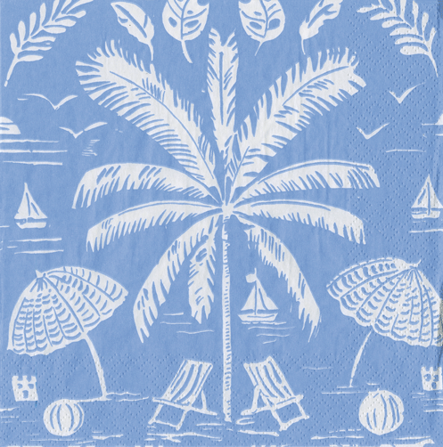 Blue and white tropical cocktail napkin with radiating palm fronds, sailboats, beach umbrellas, and loungers.