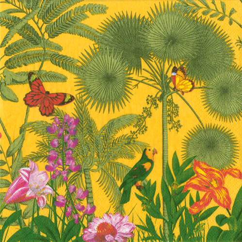 Yellow canaries perched among vibrant purple, pink, and orange flowers with lush green foliage on golden background, tripled-ply cocktail napkin design