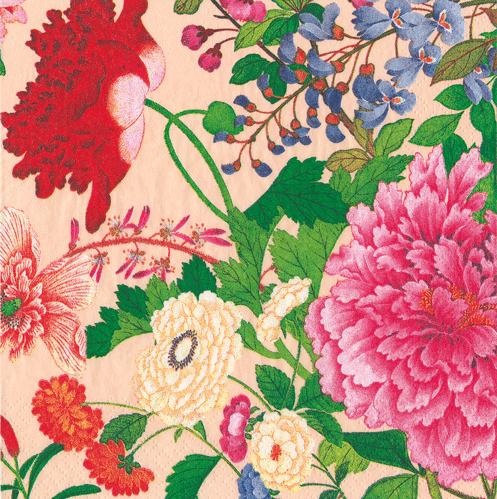 Pink and red peonies with green foliage on cream triple-ply Caspari cocktail napkins