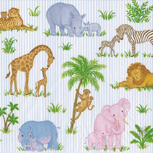 Safari animal print cocktail napkins with giraffe, elephants, zebra, and palm trees on light striped background