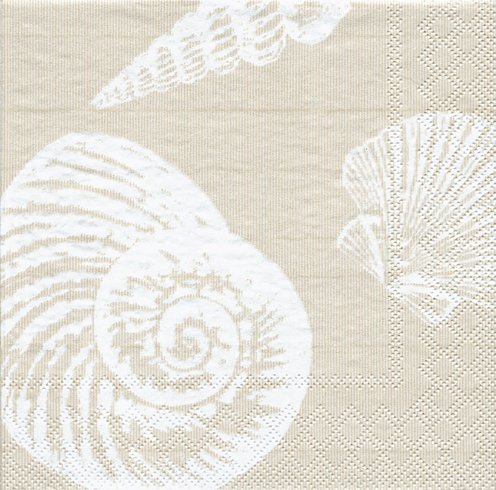 White seashell and spiral designs on beige cocktail napkin with embossed texture