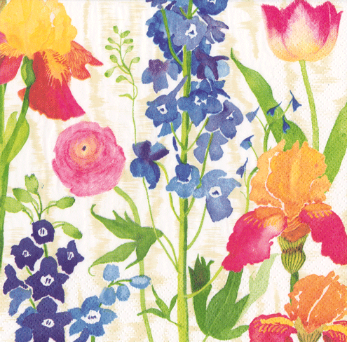 Colorful illustrated flowers including irises, daisies, and delphiniums on cream cocktail napkin