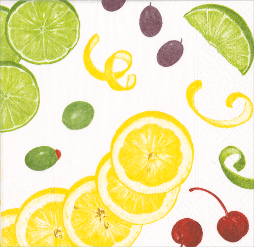 Caspari cocktail napkin with lemon and lime slices, red currants, purple grapes, and yellow spiral motifs on white background
