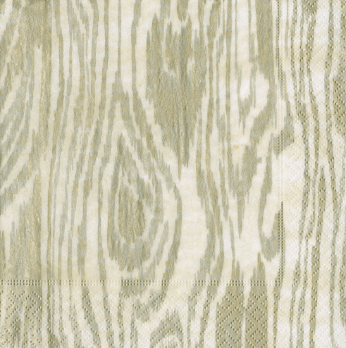 Caspari triple-ply cocktail napkins featuring silver woodgrain texture pattern on cream background