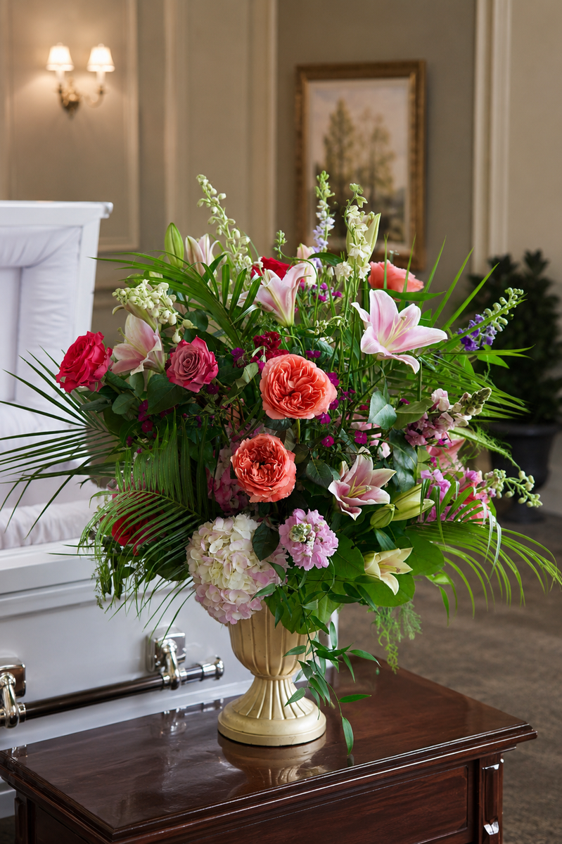Luxurious sympathy flower arrangement in gold urn featuring red roses, coral garden roses, pink lilies, carnations, and cascading foliage.