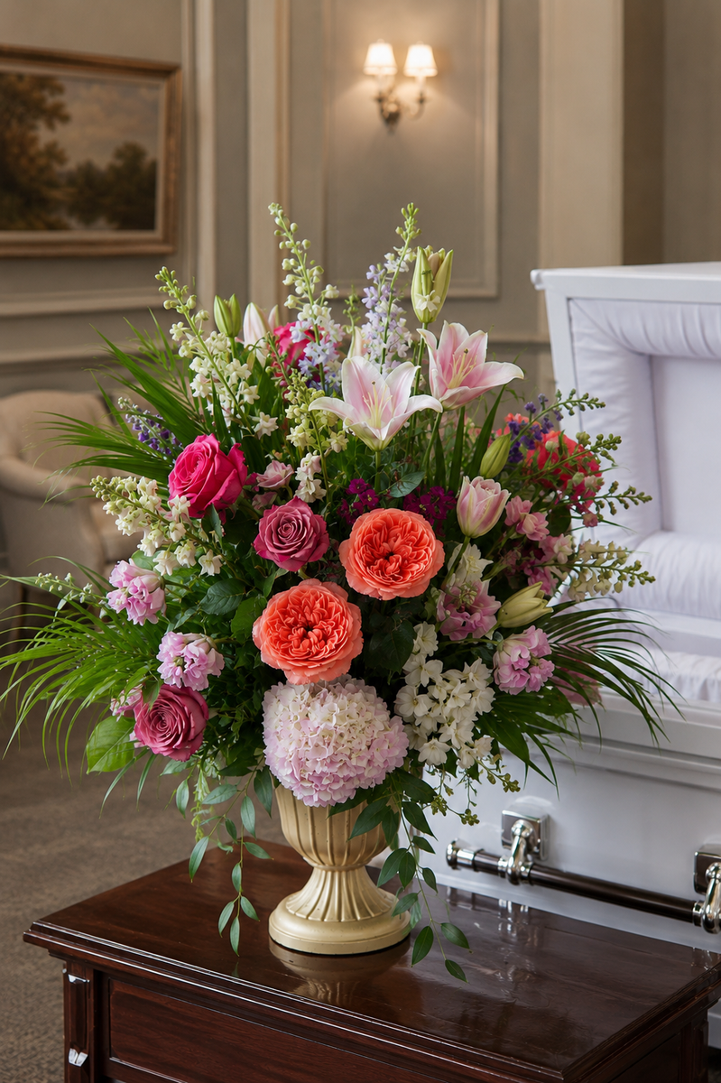 Funeral arrangement with coral and pink garden roses, white lilies, burgundy dahlias, pink hydrangeas, and layered greenery in gold urn