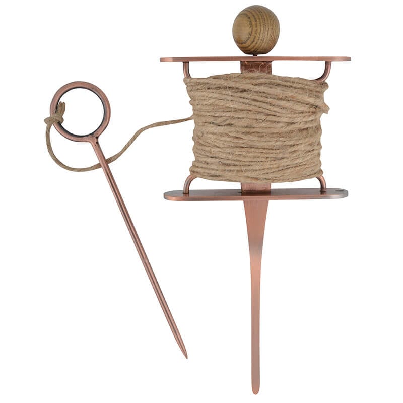 Copper plated row marker with twine spool, wooden ball finial, and metal stake for garden plot organization