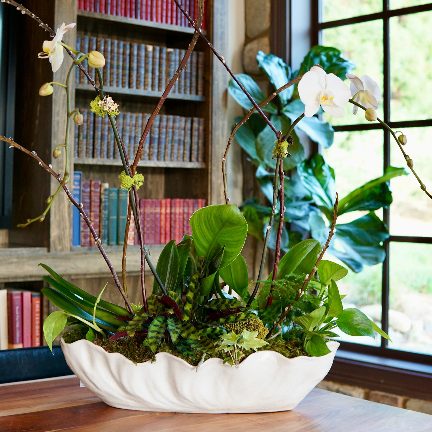Decorative plant arrangement in a white bowl on a wooden table with a bookshelf and window in the background.