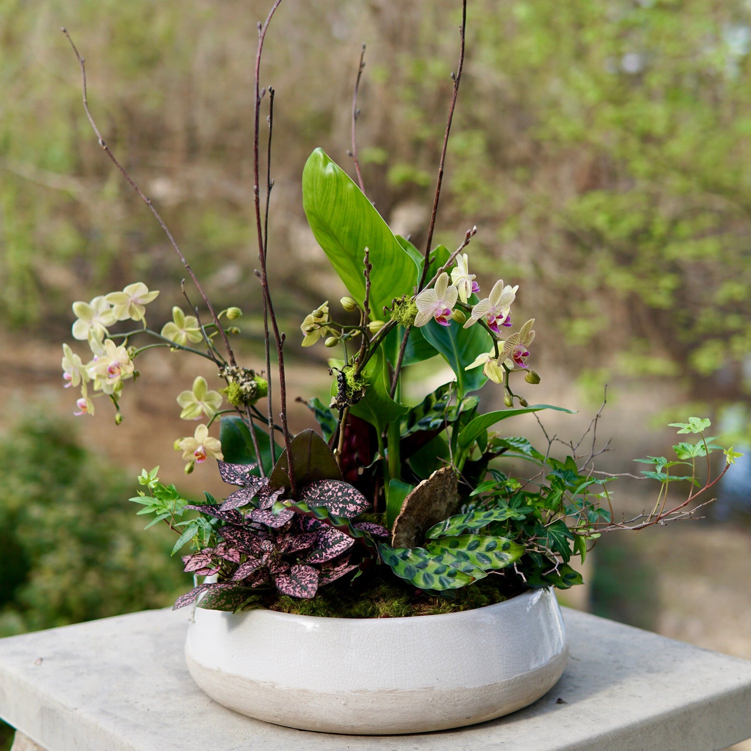 Floral arrangement in a pot on a stone surface with a blurred natural background
