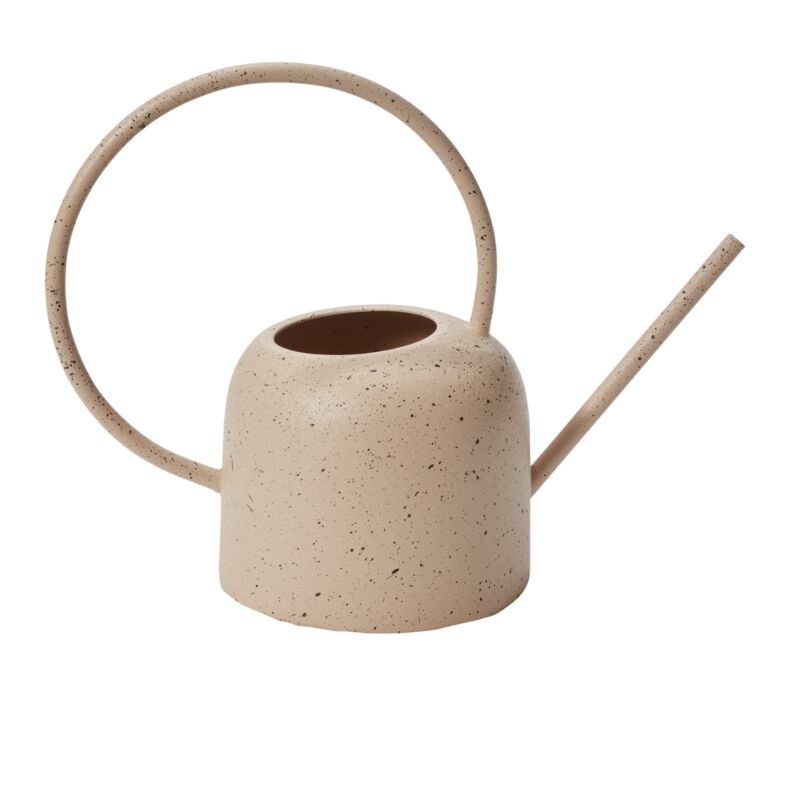 Speckled matte tan metal watering can with curved handle and angled spout