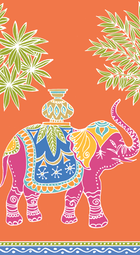 Colorful royal elephant with ornate blue, yellow, and pink decorative blanket on coral background with green botanical fronds.