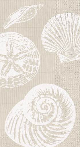 White seashell and nautical designs printed on sand-colored Caspari guest towels, featuring scallop shells and spirals