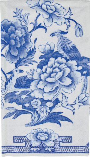 Blue and white Caspari guest towel featuring peony and leaf botanical design with decorative border on cream background