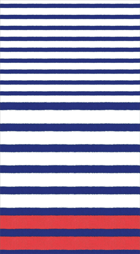 Caspari guest towel with navy and white horizontal Breton stripe pattern and red band accent