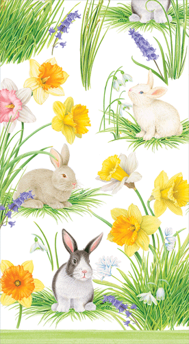 Three rabbits among yellow daffodils, pink flowers, and green foliage on cream guest towel