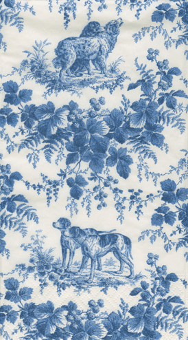 Blue and white toile-patterned guest towel with hunting scene motifs including rabbit, hound, and surrounding botanical elements