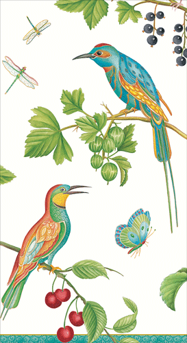 Two jewel-tone hummingbirds perched among berry branches, leaves, and dragonflies on a white guest towel with illustrated botanical motifs.