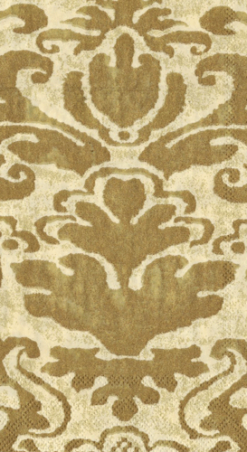 Ivory guest towel with ornate gold damask pattern featuring symmetrical floral motifs