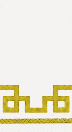 Gold geometric interlocking pattern with abstract shapes on white triple-ply Caspari guest towel