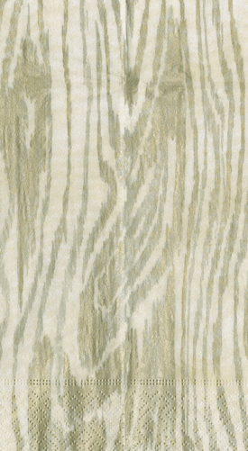 Caspari guest towel with tan and cream wood grain pattern printed on triple-ply paper napkins