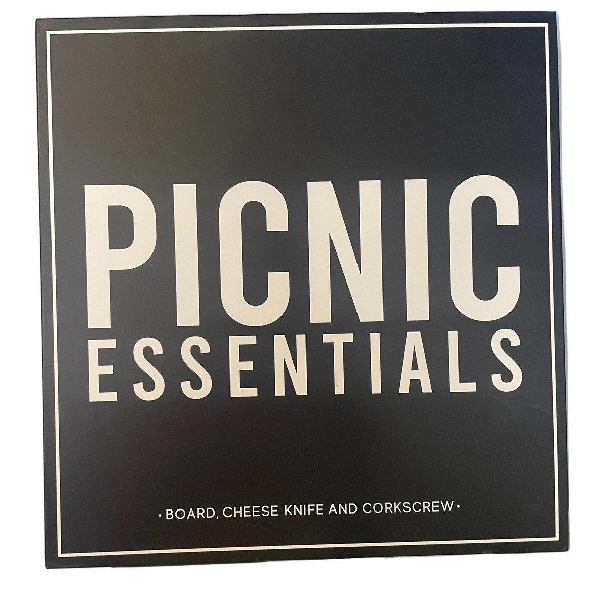 Black Picnic Book Box with white text, includes acacia wood cheese board, knife, and corkscrew