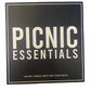Black Picnic Book Box with white text, includes acacia wood cheese board, knife, and corkscrew