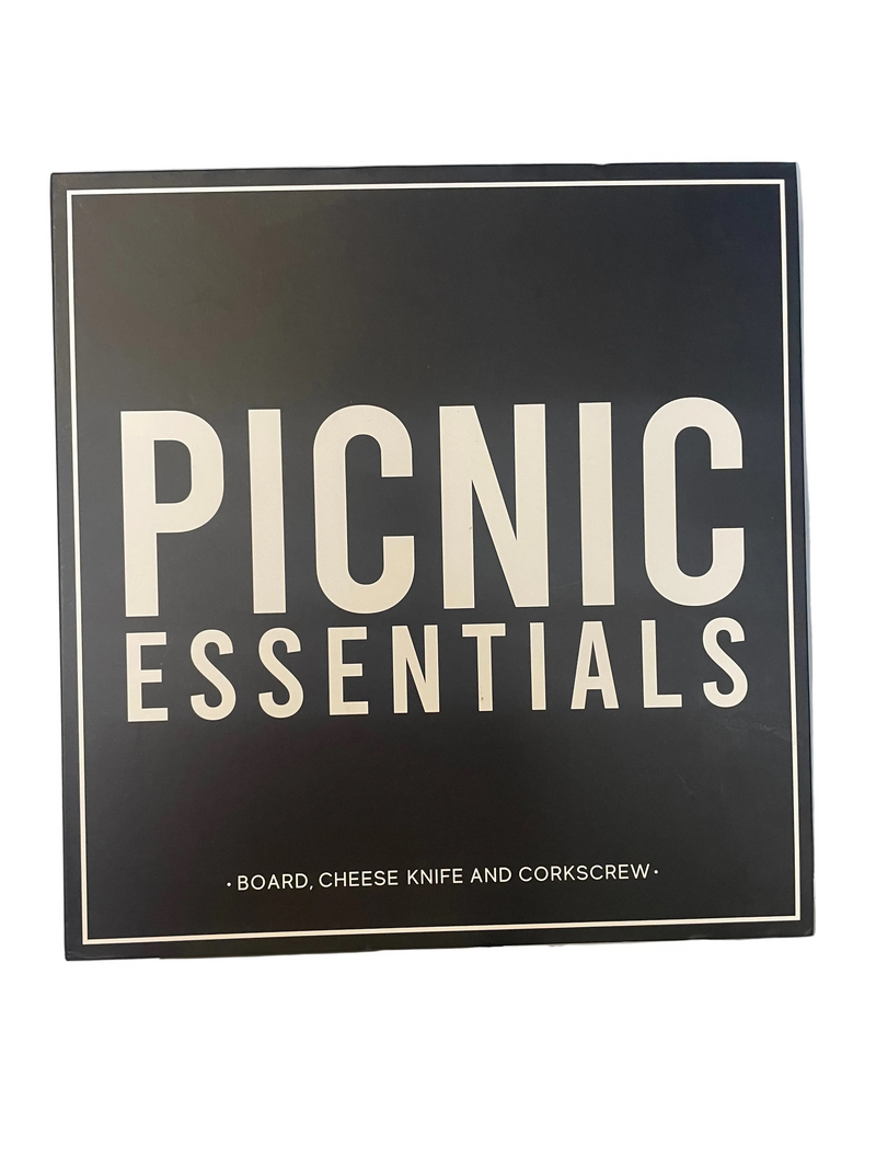 Black Picnic Book Box with white text, includes acacia wood cheese board, knife, and corkscrew