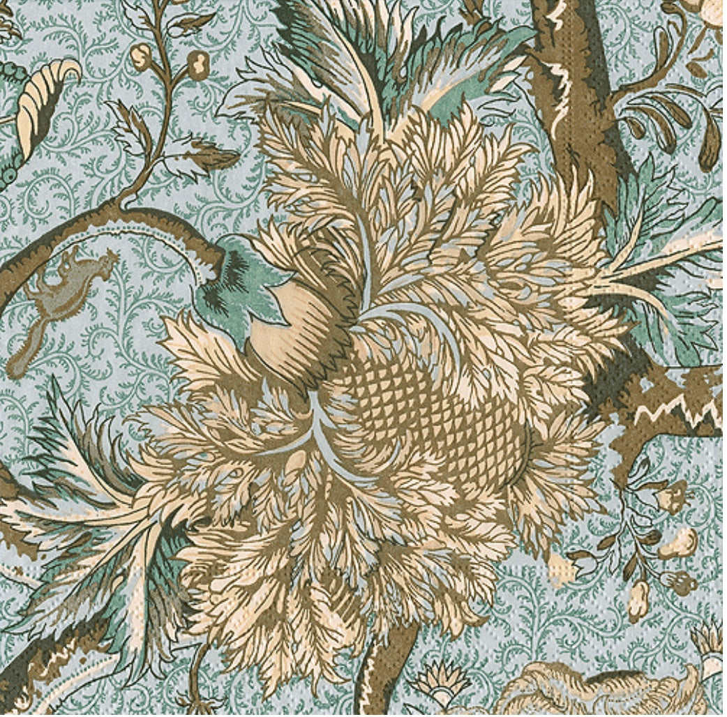 Cream and gold layered chrysanthemum with botanical stems and sage foliage on pale blue background, Caspari triple-ply cocktail napkin