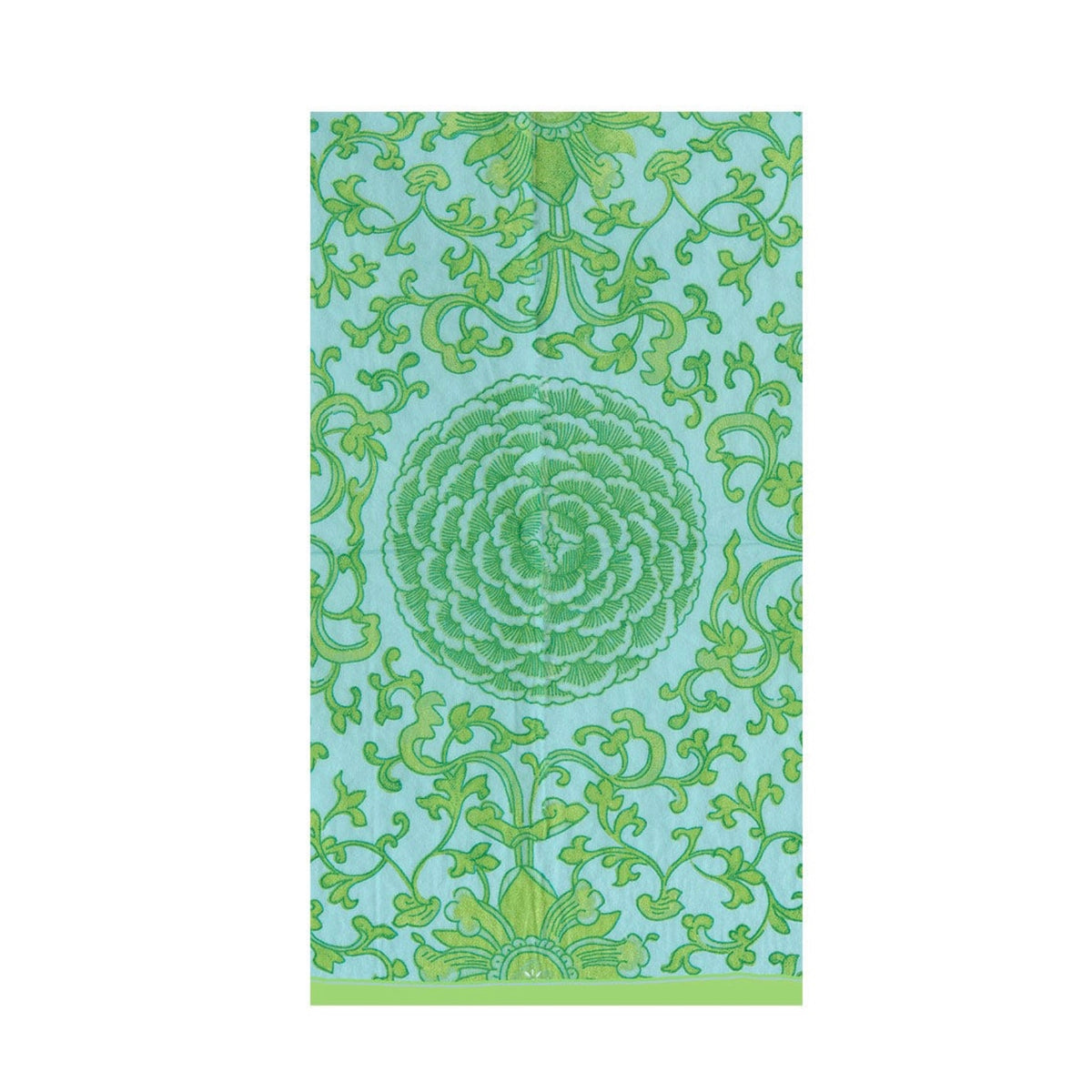 Light blue Caspari guest towel with ornate green botanical scrollwork border and centered layered rose design