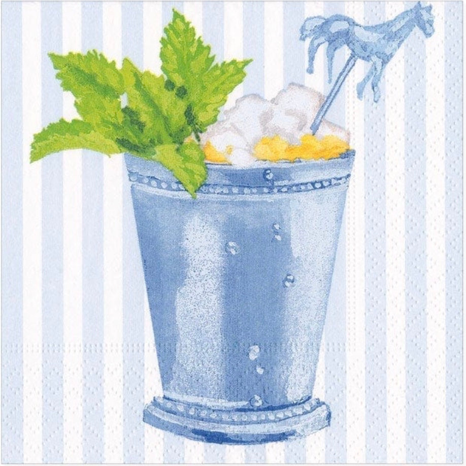 Illustrated mint cocktail with condensation droplets on blue cup and decorative horse swizzle stick on striped background