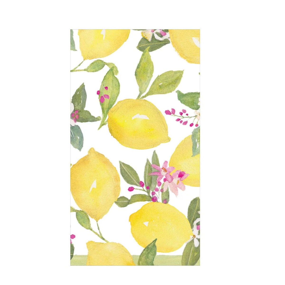 Caspari guest towel with bright yellow lemons, green foliage, and pink flowers on white background