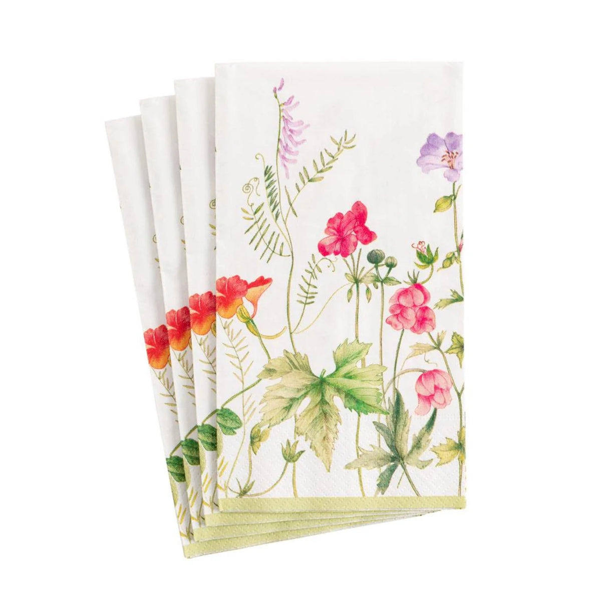 Stack of Caspari triple-ply guest towels with watercolor botanical design featuring pink and red flowers with green foliage and gold accents on white.