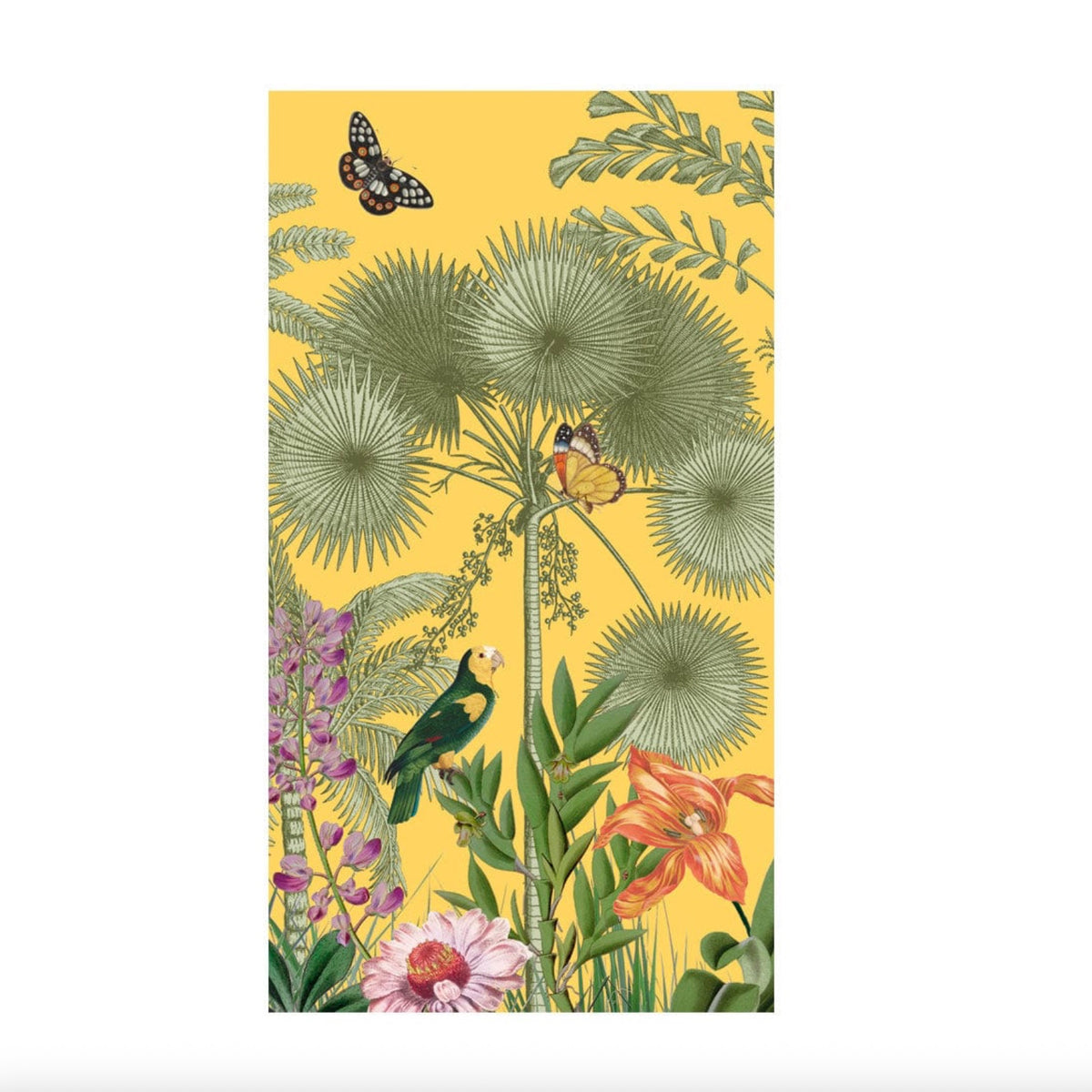 Golden yellow guest towel with botanical illustration featuring parrot, butterflies, fan-shaped flowers, ferns, and coral blooms.