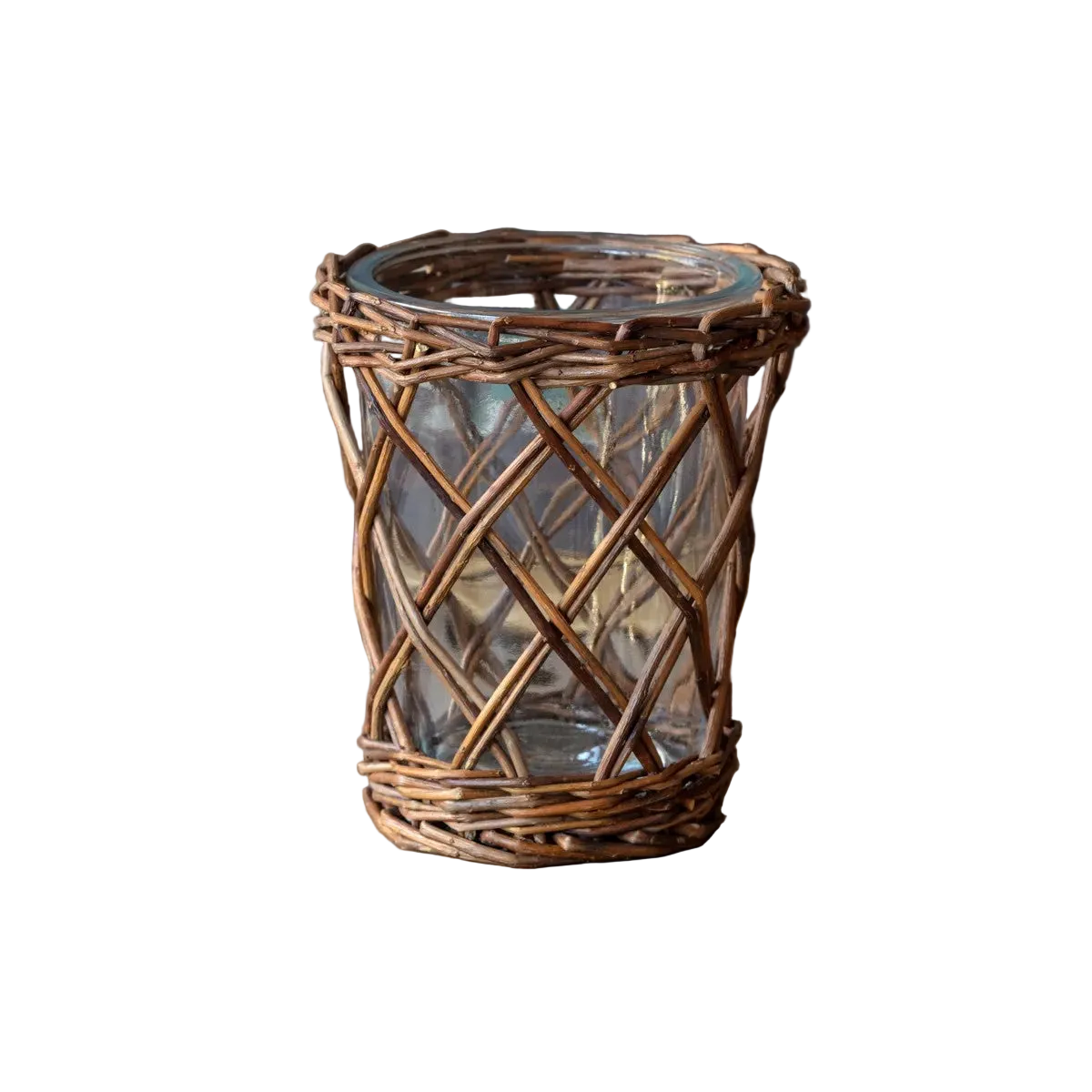Woven rattan cylinder with geometric lattice pattern and wrapped bands, natural tan-brown tones, candle holder