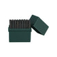 Dark teal plant label stamp set with black rubber stamps in storage box, each stamp featuring different garden symbols for marking plants