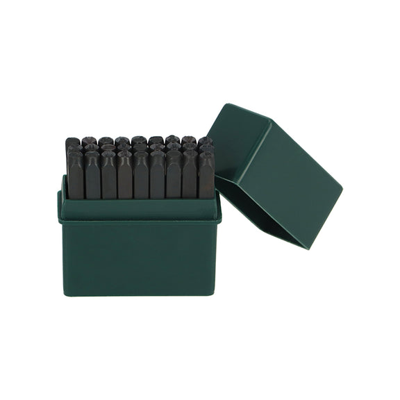 Dark teal plant label stamp set with black rubber stamps in storage box, each stamp featuring different garden symbols for marking plants