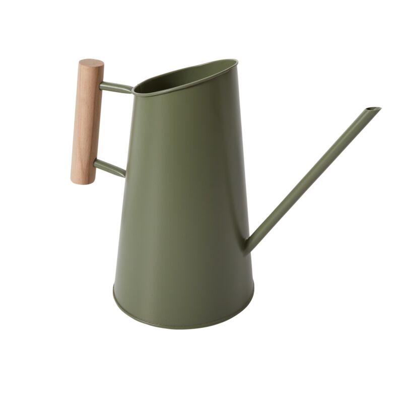 Sage green matte watering can with natural wooden handle and angled spout, durable galvanized steel construction