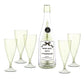 Set of 5 clear acrylic champagne flutes with pedestal stems arranged around a champagne bottle labeled "Pairs Well With Champagne"