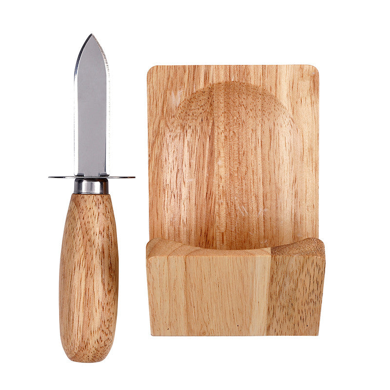 Stainless steel oyster shucker with wood handle and decorative wood-grain book-box storage case