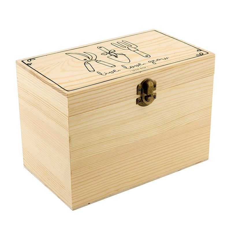 Wooden seed packet storage box with hinged lid, etched botanical line drawings, "live. love. grow." text, and antique brass clasp closure