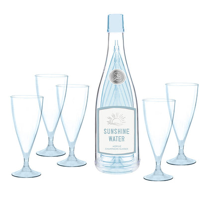 Set of 5 translucent pale-blue acrylic champagne flutes with pedestal bases arranged around a decorative "Sunshine Water" bottle on white background