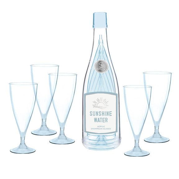 Set of 5 translucent pale-blue acrylic champagne flutes with pedestal bases arranged around a decorative "Sunshine Water" bottle on white background