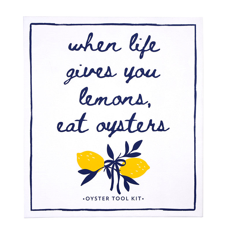 White box with navy border and handwritten text, lemons and leaves illustration, "when life gives you lemons, eat oysters" oyster tool kit